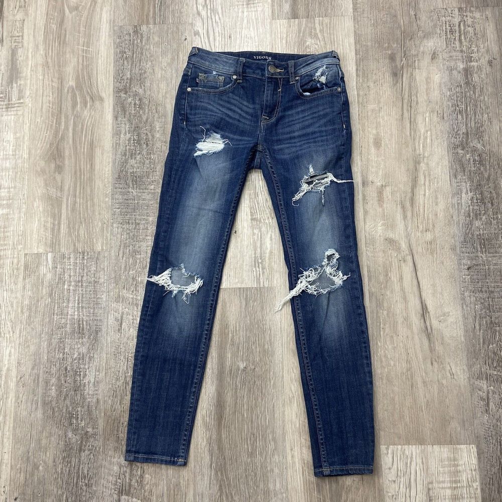 Vigoss Jeans Womens 24x28 (Fits 26x27) The Chelsea Skinny Distress Fray Blue